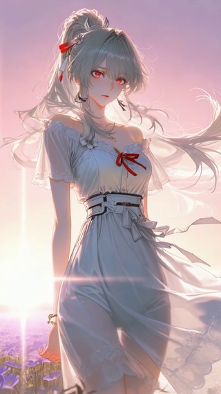 夕阳花海银发美少女