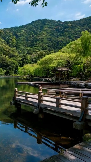 护眼白云山川树木河流景色
