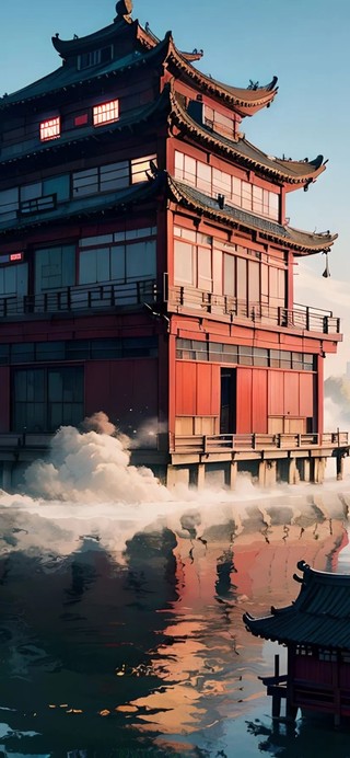 清晨薄雾湖上古风建筑