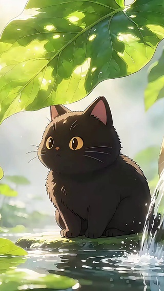 夏日流水涧好奇黑猫