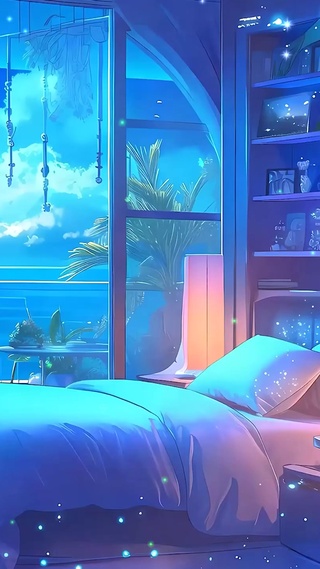星空树木海景房屋