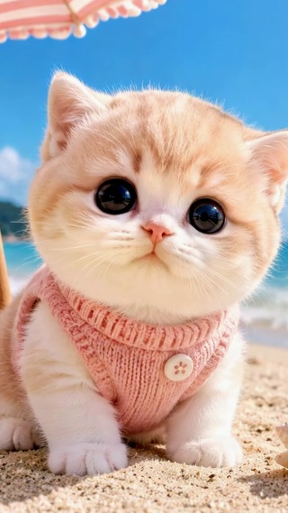 沙滩可爱奶猫治愈动态壁纸