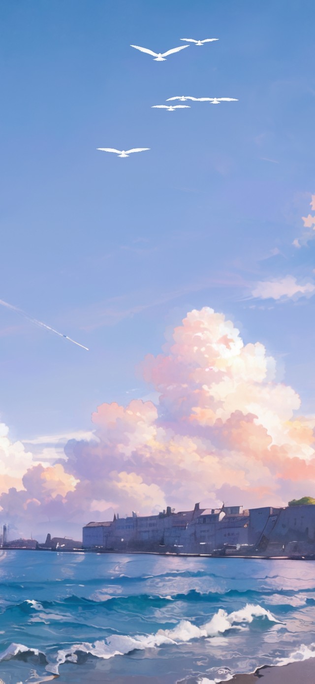 4K唯美治愈动漫晚霞海景小镇