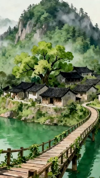 古风树木河流