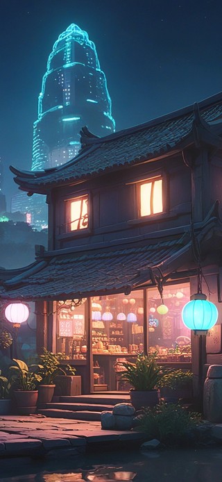 夜晚河边中式赛博小店
