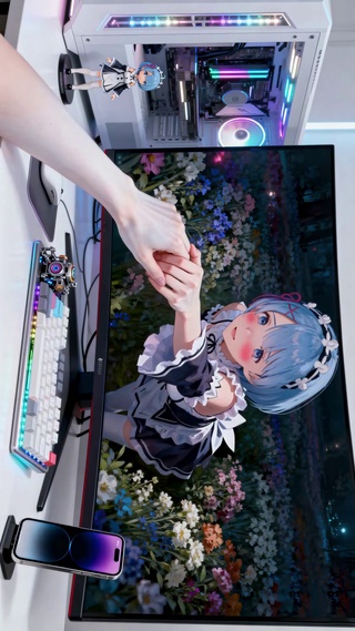 蓝发白丝雷姆穿越屏幕与主人互动