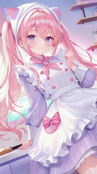软萌粉发厨房女仆少女