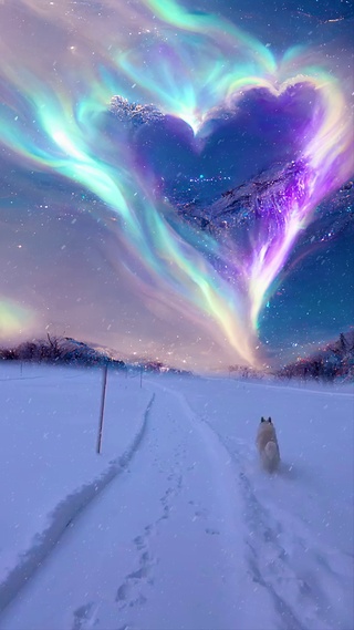 极光下雪天中的小狗