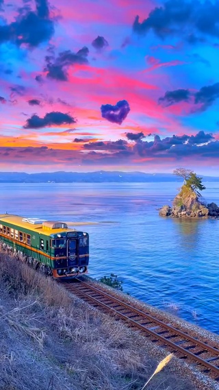 晚霞下的海上列车