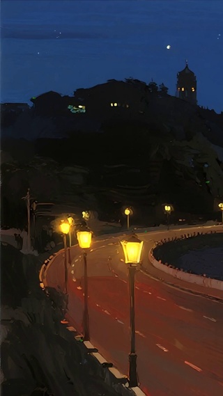 护眼夜景海景油画