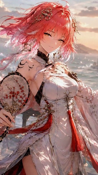 海边落日古风红发美少女
