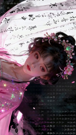 中国传统粉裙长发萝莉水墨风女孩