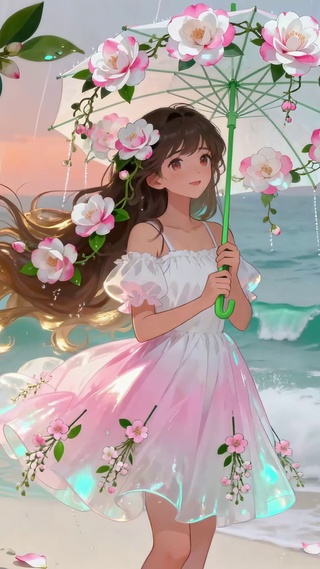 海边落日花伞少女