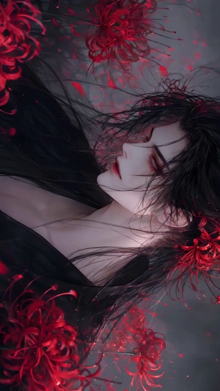 彼岸花丛黑衣美男