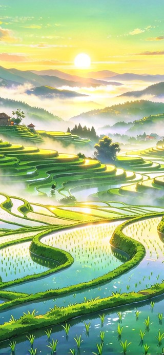 清晨梯田 水田日出 晨雾冷冽