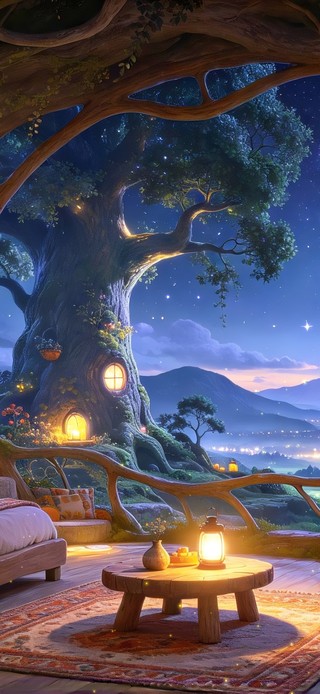 夜晚树洞小屋
