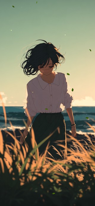 夕阳海边少女