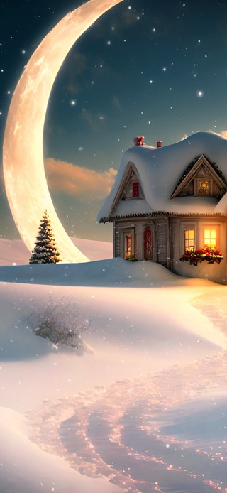 雪景小屋月亮
