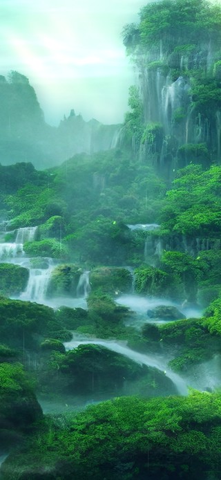 山间瀑布群晨雨