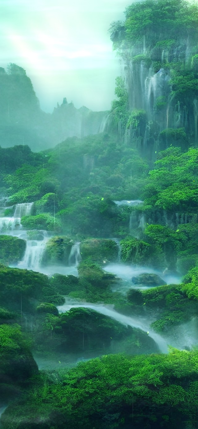 山间瀑布群晨雨