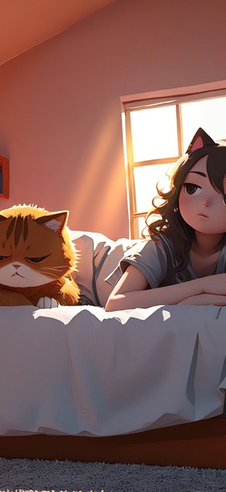 慵懒的女孩和猫