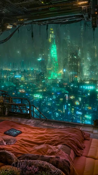未来雨夜城市房间