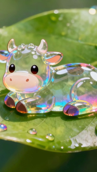小清新雨后绿叶可爱水珠萌小牛