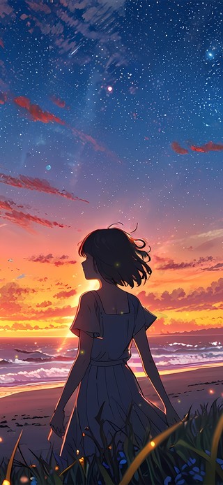 夕阳海边少女