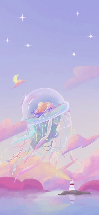 原创插画壁纸——仲夏之梦的奇幻夜，星辰闪烁的梦幻海——治愈动态