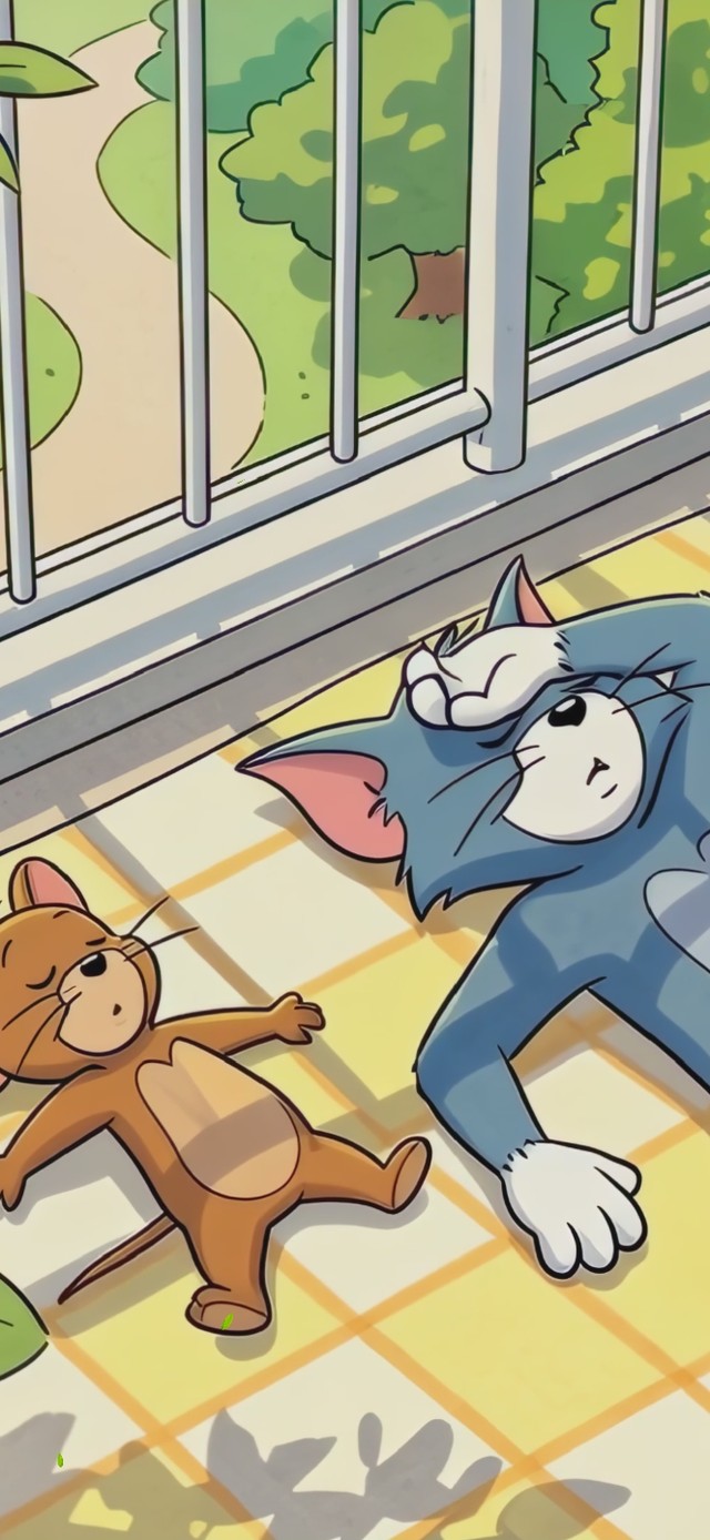 阳台上小憩的猫和老鼠