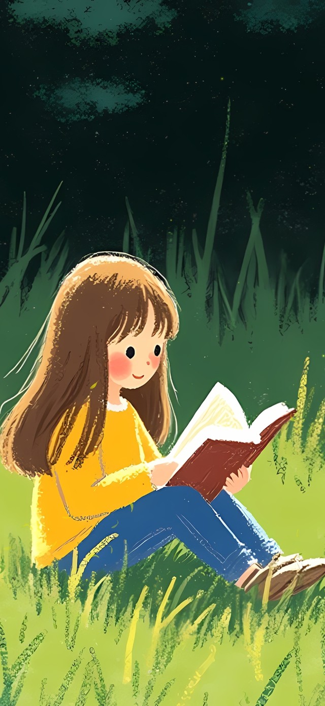 草地上看书的女孩