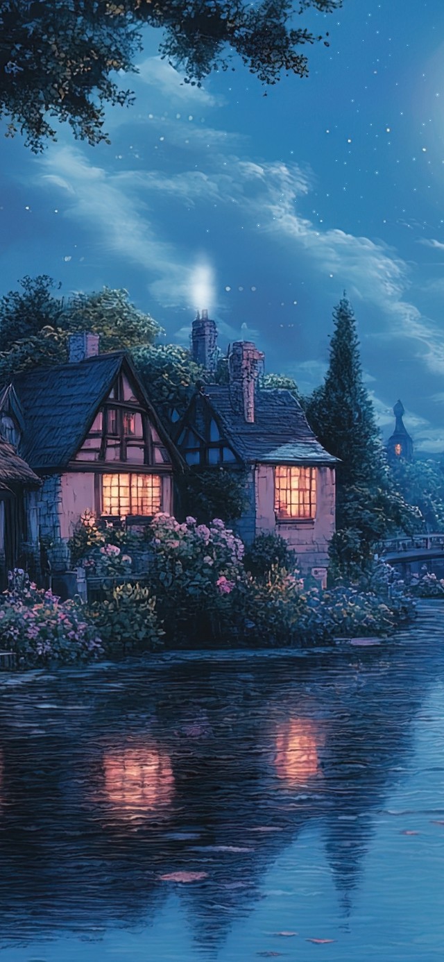 静谧月光下的小镇木屋