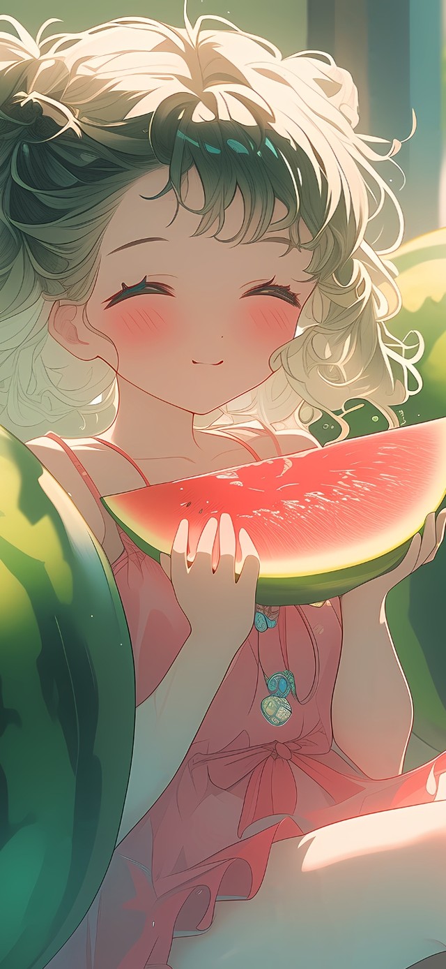 池塘边西瓜女孩