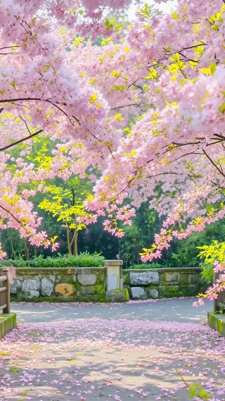 落满樱花的林间步道