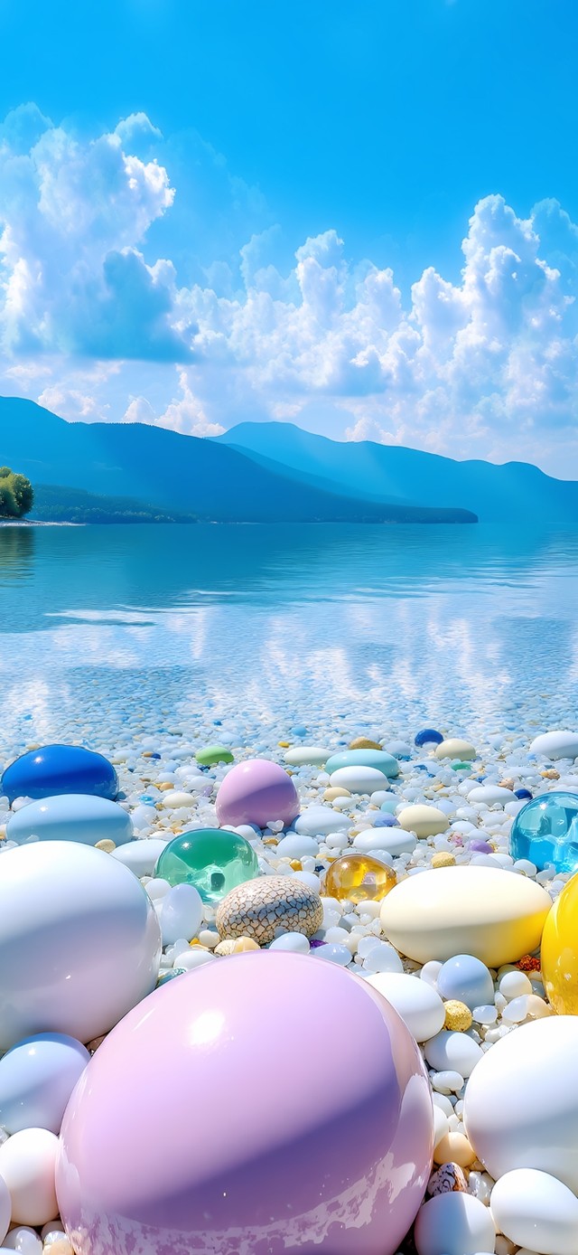 唯美湖边彩色鹅卵石