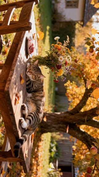 秋日苹果树下酣睡萌猫