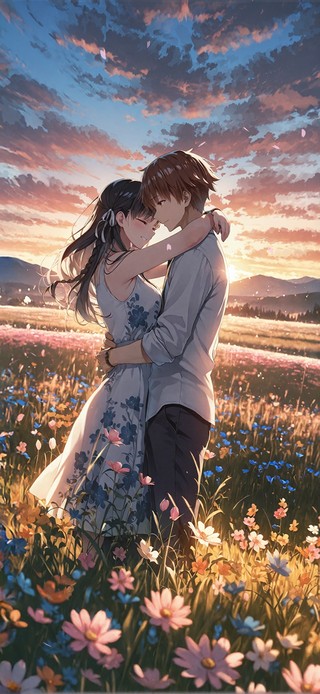 唯美夕阳花海情侣