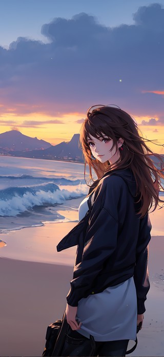 治愈海滩晚霞少女