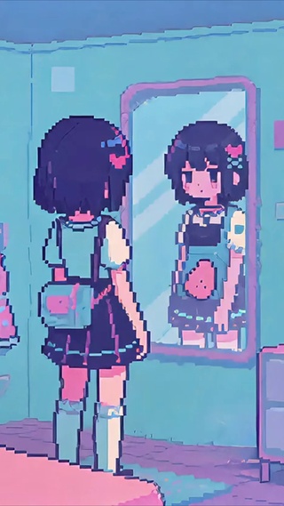 像素风-房间里照镜子的女孩