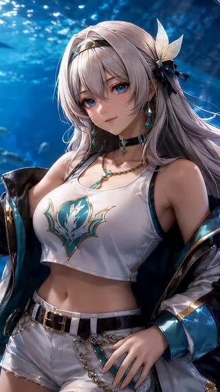 水族馆旁的二次元银发美少女