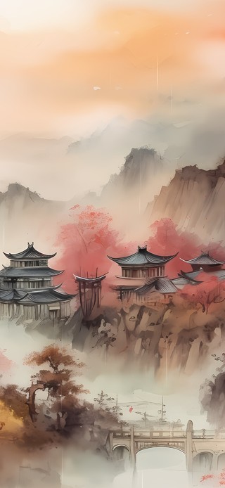 治愈水墨枫叶山林