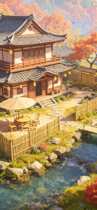 秋日山中溪边人家