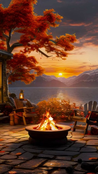 秋天夕阳湖畔木屋