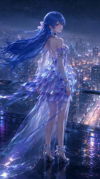 雨夜都市蓝发美少女