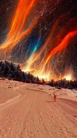 极光下雪景中的小狗