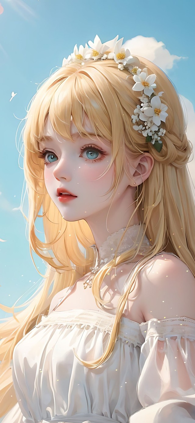 蓝天白云下的金发少女