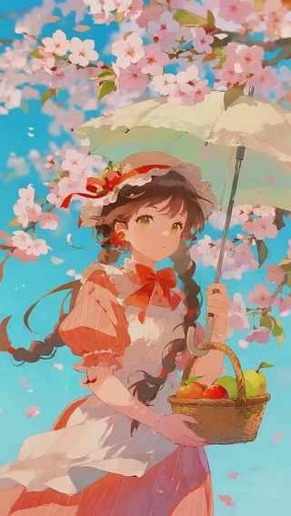 桃花下的草帽少女