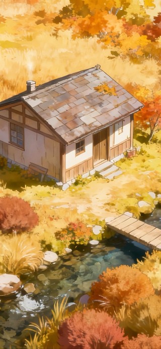 秋日溪边地肤草小屋