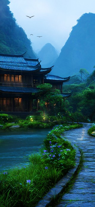 护眼雨后山间石桥流水人家