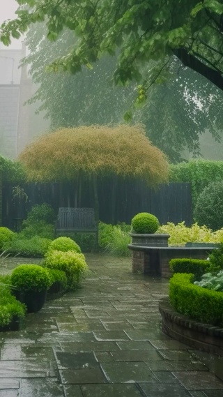 护眼雨中小院